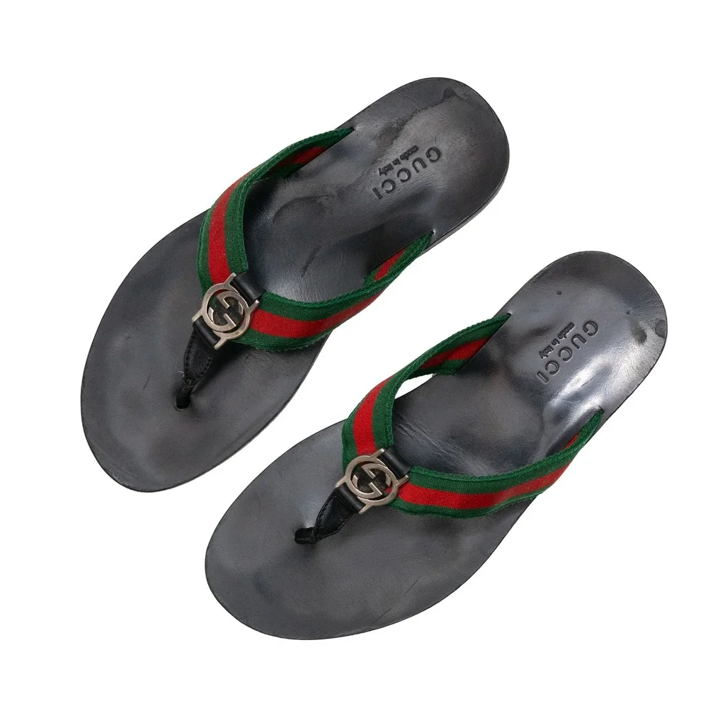 Gucci Web Stripe Interlocking G Logo Thong Sandals Black Leather Green Red 8.5